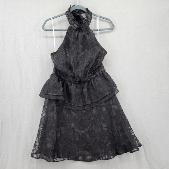 Lulus Dresses & Skirts - Lulus Black Floral Burnout Lace Halter Mini Dress Tiered Peplum Size L Cocktail